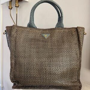 PRADA Madras Woven Leather Tote Bag Blue Trim + Shoulder/ Crossbody Strap